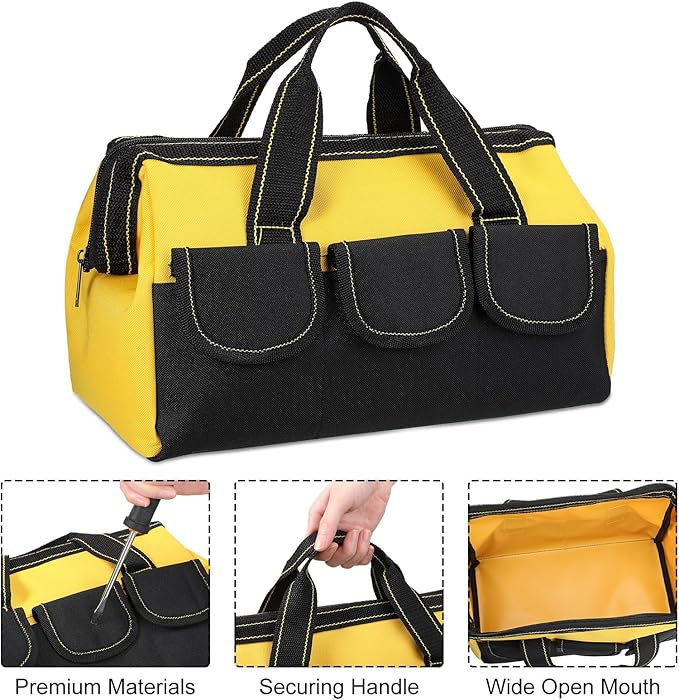 Sanwuta 9 Pcs Tool Bag for Men 3 Heavy Duty Wide Mouth Tool Bags and 6 Small Waterproof Pouch Tote for Electrician Carpenter Mechanic Father's Day Christmas Gifts(16 Inch,Blue Red Yellow)