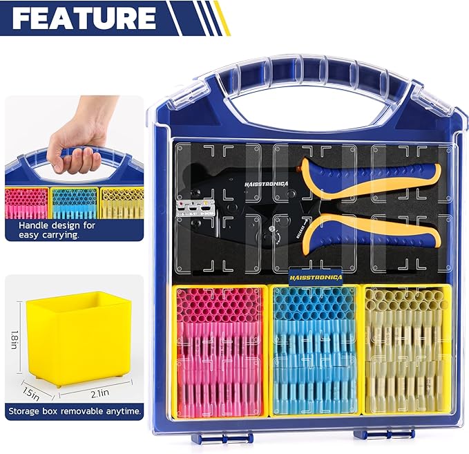 haisstronica 330PCS Marine Grade Heat Shrink Butt Connectors Set, 22-10 AWG (3Colors/3Sizes), with 9" Heat Shrink Crimping Tools and Organizer