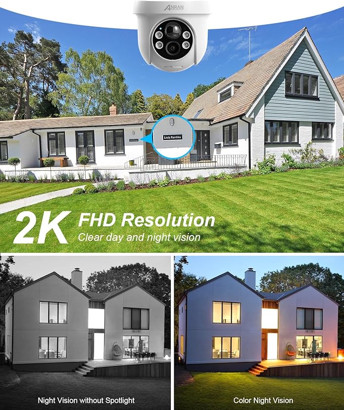 ANRAN Security Camera Wireless Outdoor, 2K Solar Outdoor Camera with 360° View, Smart Siren, Spotlights, Color Night Vision, PIR Human Detection, Pan Tilt Control, 2-Way Talk, IP65, Q1 White