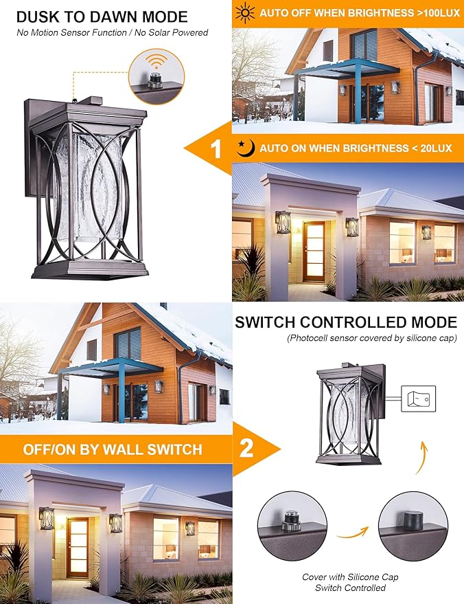 Oil Rubbed Bronze Outdoor Sconce Dusk to Dawn Exterior Light Fixtures Wall Mount Porch Light Modern Outdoor Wall Light Aluminum with Crack-Like Glass IP65 Waterproof Outside Coach Light for House