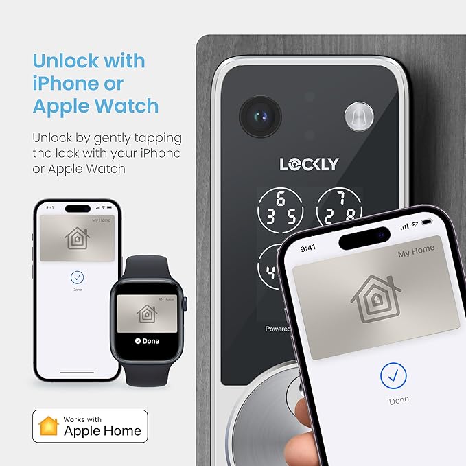 Lockly Vision Zeno Smart Lock with Video Doorbell Camera, Fingerprint Keyless Entry with Apple Home Key, Wi-Fi Deadbolt for Front Door, PIN Genie Keypad, App Remote Control, 2 Rechargeable Batteries