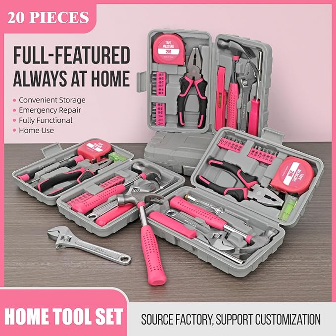 20 Pieces Home Tool Set, Basics Household Tool Kit with Small Mini Carrying Box for Men and Women DIY (Pink)