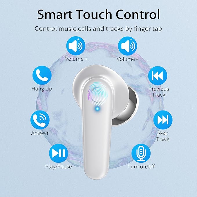 Wireless Ear Buds Bluetooth 5.3 60H Using Time Headphones Deep Bass Clear Call Earbuds with Built-in Mic Touch Control Lightweight Headsets for Studying Working Gaming White