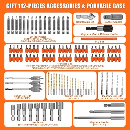 ENERTWIST Drill Bit Set, 112-Pieces 1/4" Hex Shank Impact Driver Bits and Screwdriver Bits Set Assorted in Tough Case for Wood Metal Cement Drilling and Screw Driving, ET-DBA-112