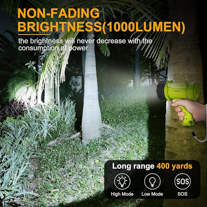 YIERBLUE Rechargeable Spotlight with Super High Lumen LED, IP67 Waterproof Handheld Flashlight Searchlight with Detachable Red Light Filter