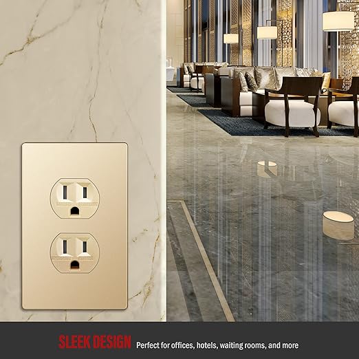 ENERLITES Elite Series Duplex Receptacle with Screwless Wall Plate, Residential Grade Duplex Outlet, Tamper-Resistant, Grounding, 15A 125V, UL Listed, 61580-TR-GDWP, Gold with Wall Plate