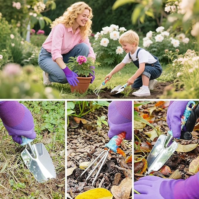 Garden Tool Set, 17-Piece Garden Tools with Floral Print, 304 Stainless Steel Garden Tools Set, Gardening Kit Gardening Gifts for Women, Blue