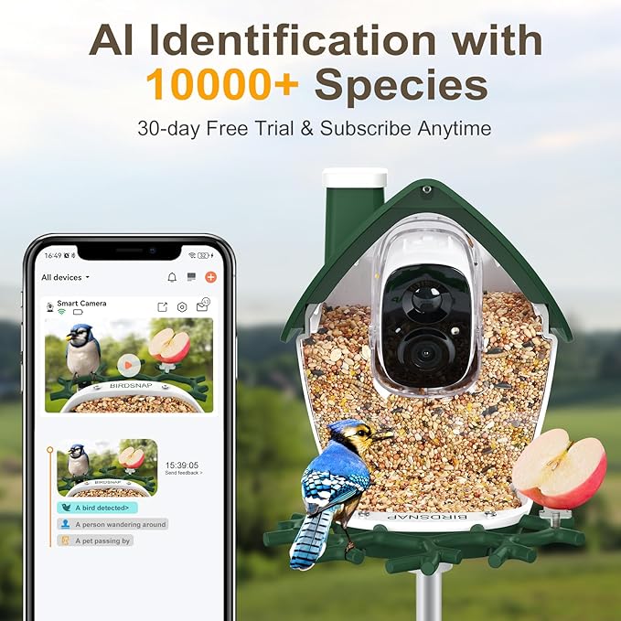 birdsnap® P33 - Bird Feeder with Camera Solar Powered, 2K Video Bird Camera Feeder Live with 32GB Card, AI Identify Feather Species, Auto Record in Backyard, for Birds Lover