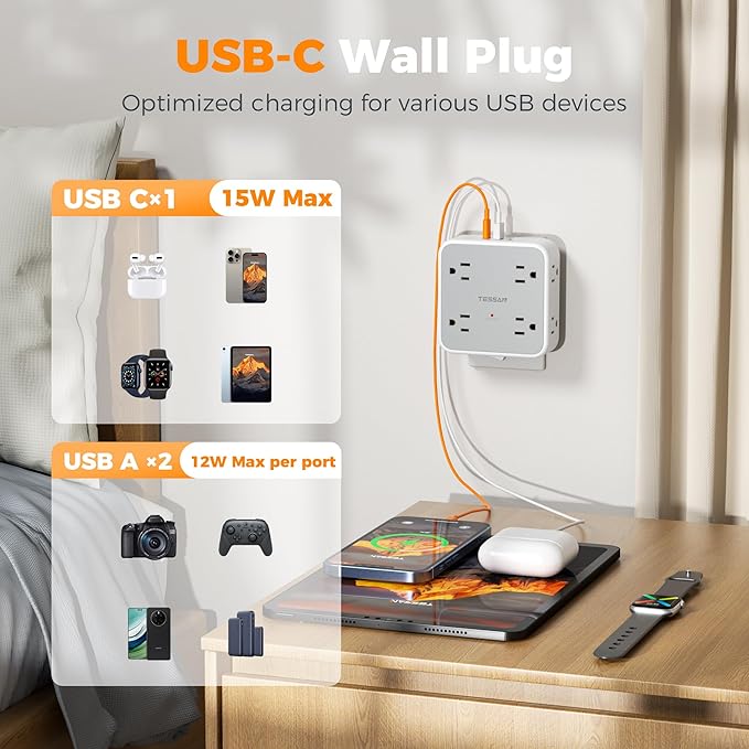Multi Plug Outlet Extender, TESSAN Outlet Splitter with 8 Sockets and 3 USB (1 USB C), Wall Surge Protector with Power Switch, 3 Sided Multiple Wall Plug Extender for Home, Dorm Room, Office