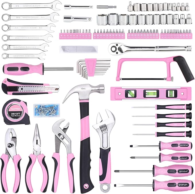 FASTPRO 198-Piece Pink Tool Set, Household Repairing Tool Set with Toolbox, SAE Mechanics Hand Tool Kit for DIY, Home Maintenance