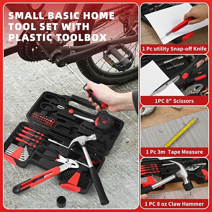58-Piece Tool Kit Basic Home Repair Tool Set, General Household Hand Tool Kit,Small Tool Kit with Plastic Toolbox Mini Tool kit for Women, Office & College Repairs Red