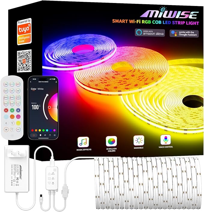 MIWISE RGB COB LED Strip Light,Color Changing LED Strip Lights Compatible with Alexa/Google,24V Music Sync Bright Flexible LED Tape Lighting for Bedroom,Kitchen,Bar,Under Cabinets,DIY Decoration,20ft