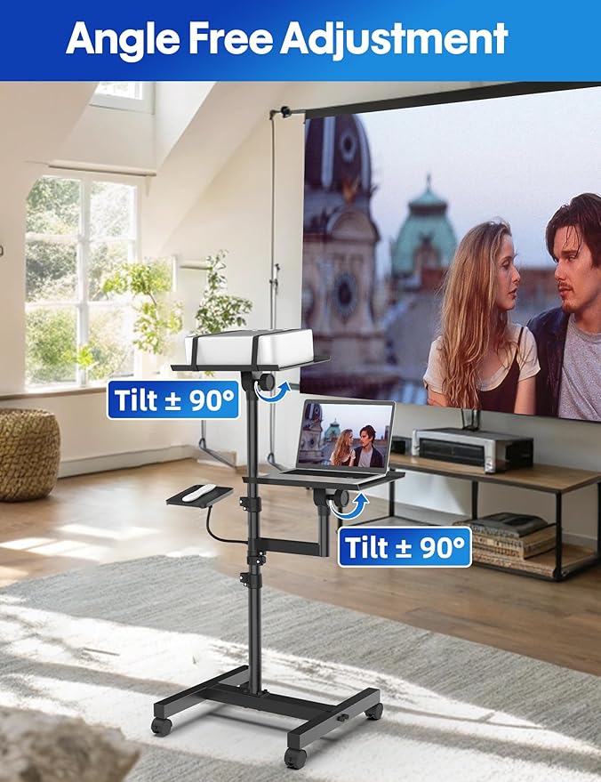 Projector and Laptop Stand Tripod, 2 Shelves Mobile Laptop Tripod Stand, Max 47" Height Adjustable Laptop Cart on Wheels, Projector Floor Stand with Ventilated Tray for Podium, Meeting, Couch
