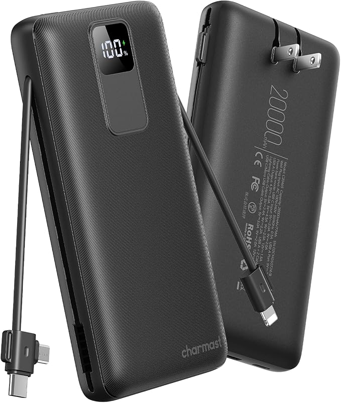 charmast Portable Charger 20000mAh with Wall Plug, Fast Charging Power Bank USB C, 20W PD Battery Pack with Built-in Cables Travel Essential for iPhone 16/15/14, Samsung, iPad More Devices (Black)