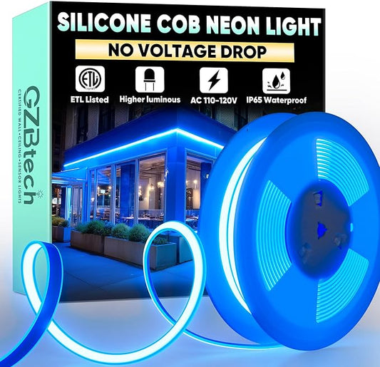 GZBtech Silicone COB Neon Rope Lights 33FT/10M, Super Bright Blue Waterproof Neon Strip Light, AC 110-120V Flexible Soft Cuttable Tape Rope Lighting for Indoor Outdoor Home Commercial