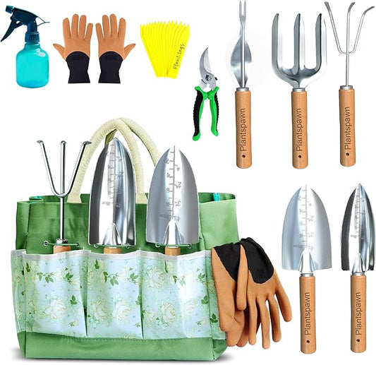 24-Piece Gardening Tools Set with Bag – Heavy-Duty Rust-Proof Hand Tools with Wooden Handles Including 15 Plant Tags – Ideal Gift for Women, Men, Mom, Dad & Gardeners