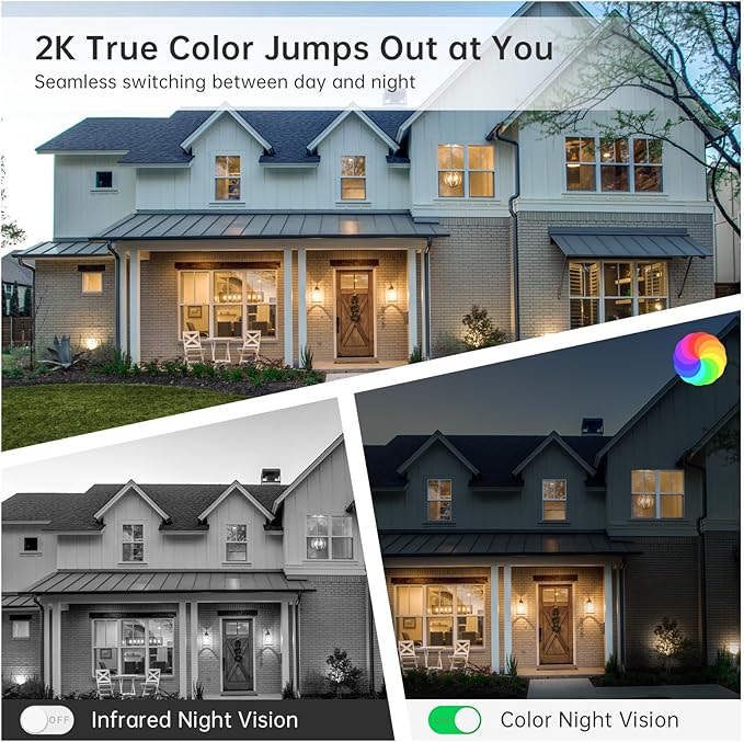 Solar Security Cameras Wireless Outdoor, 2K 360° View Battery Powered Outdoor Camera, Solar Outdoor Camera with PIR Motion Detection,Color Night Vision,2-Way Talk,IP65,Siren Alarm（2-Pack）