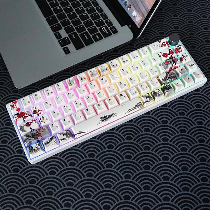 MOLGRIA GK68 68-Key RGB Backlit Gaming Keyboard with Plum Blossom Keycaps, Hot Swappable Red Mechinery Switches, Triple Mode Connection with Knob Mechanical Keyboard for Win/Mac OS