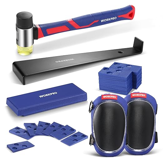 WORKPRO Laminate Flooring Installation Kit - Rubber Mallet with Fiberglass Handle, Knee Pads, Heavy Duty Pull Bar, Solid Tapping Block and Spacers - Premium Wood Flooring Installation Tool