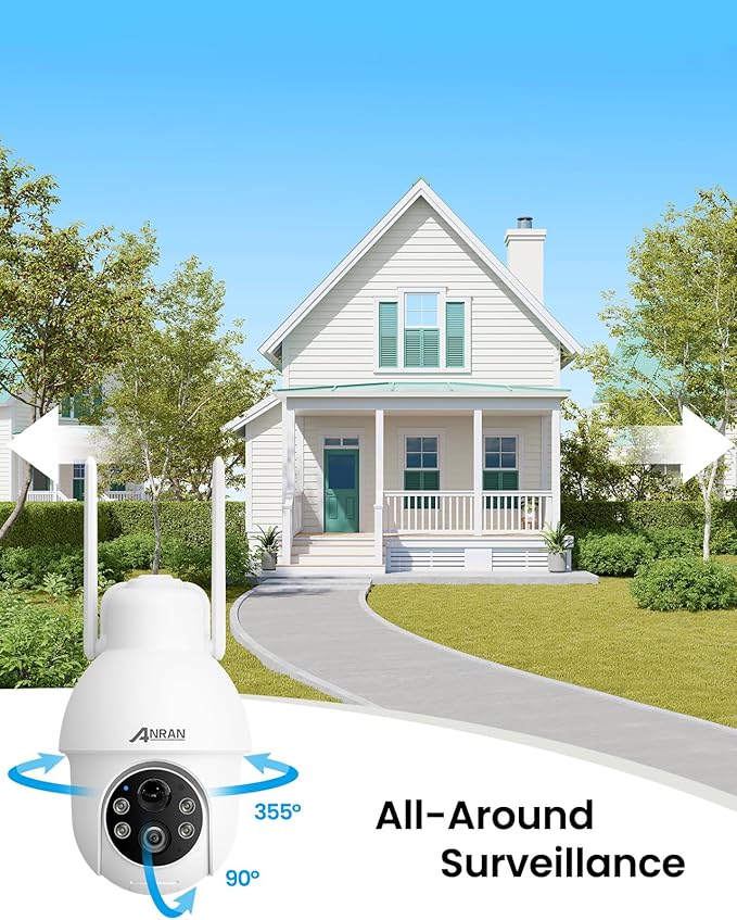 ANRAN 2K Solar Security Camera Wireless Outdoor, 2 Pack Battery-Powered WiFi Camera with 360° PTZ for Home Security, PIR Motion Detection, 3MP Color Night Vision, Two-Way Audio, Alexa Compatible