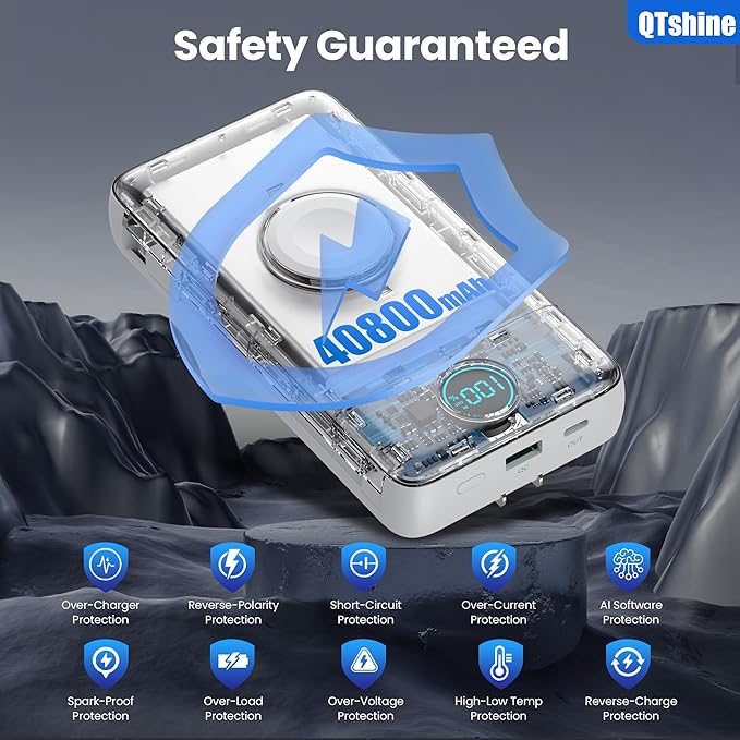 Portable Charger 40800mAh Power Bank with Built-in Cables,Wall Plug and iWatch Charger,6-in-1 QC4.0+25W PD USB C Fast Phone Charging,LCD Display Battery Pack for iPhone 16/15,Apple Watch,Galaxy-White