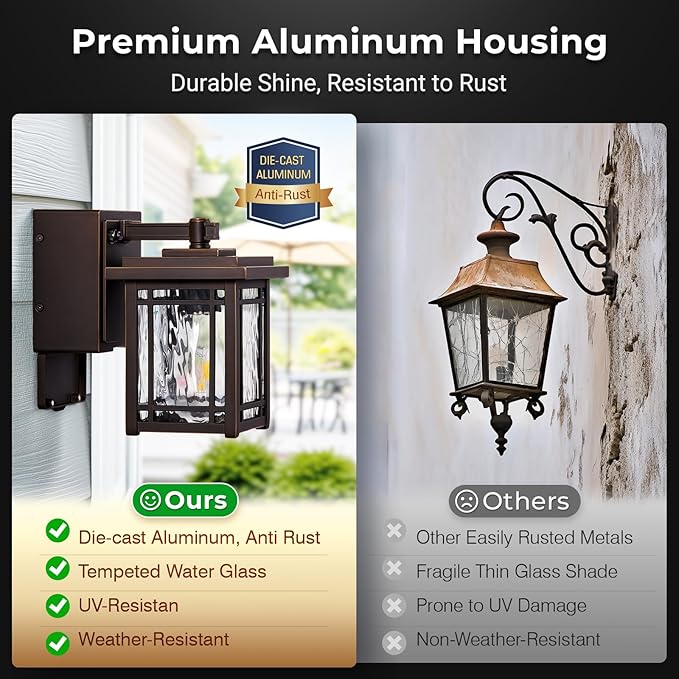 Front Porch Lights with GFCI Outlet, Oil Rubbed Bronze Dusk to Dawn Outdoor Wall Lantern, Anti-Rust Outdoor Garage Lights Wall Mount, Exterior Sconce Lighting Fixtures with Water Ripple Glass