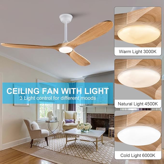60'' Modern Ceiling Fans with Lights and Remote,3 Blade Wood Fan,6 Speed DC Motor Outdoor Indoor White Ceiling Fan for Patio,Living Room,Bedroom