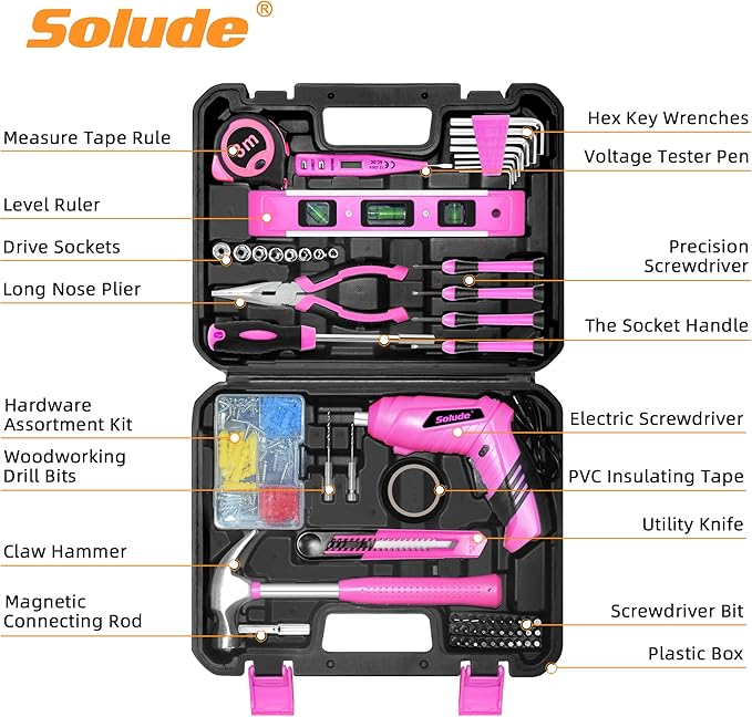 SOLUDE Pink Tool Set,130 Piece Home Tool Kit for Women with 3.6V Cordless Rechargeable Screwdriver,Basic Toolkits for New House,Apartment,College Dorm & DIY Projects