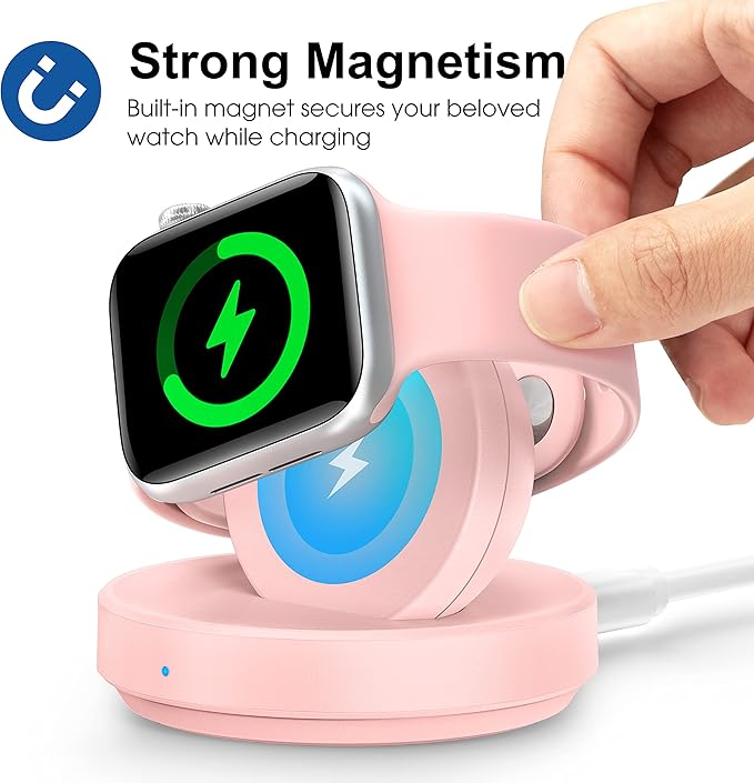 Portable Magnetic Charging Dock for Apple Watch, Wireless Fast Watch Charger Stand with Charging Cable, Support Nightstand Mode, Compatible with Apple Watch Series 10 9 8 7-Pink