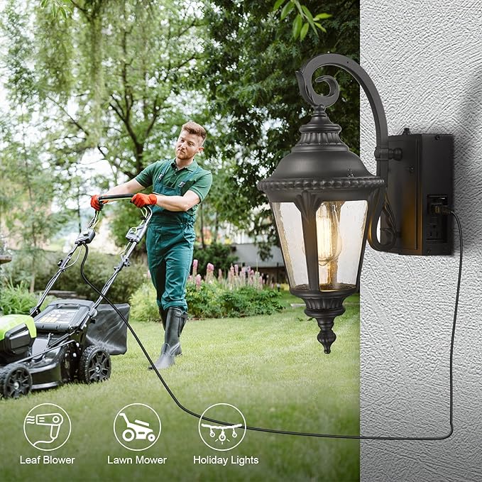 Darkaway Dusk to Dawn Outdoor Porch Light with GFCI Outlet, Waterproof Outdoor Wall Sconce Light Fixture for House, Front Porch, Patio，Black