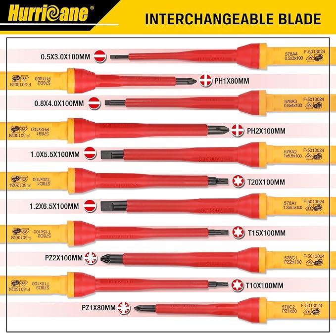 HURRICANE Professional 13 Piece Insulated Electrician Screwdriver Set,1000V Cr-V Magnetic Tip Electrical Tools for Electrician, Slotted, Phillips, Pozidriv, Torx. All-in-1 Industrial & Home Repair Kit