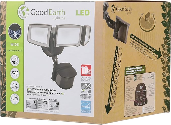 Good Earth Lighting Three-Head 2N1 LED Motion Security & Area Light - Bright White Light - 50,000 Hours Lamp Life - Direct Wire Installation - White