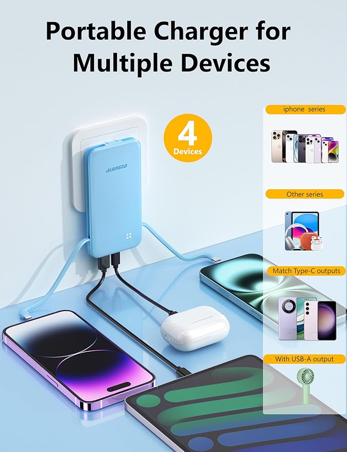 Alongza Portable Charger Built-in Cables and AC Wall Plug, Slim Fast Charging Power Bank 10000mAh, Lightweight USB C External Battery Pack Compact Travel Cell Phone Charger