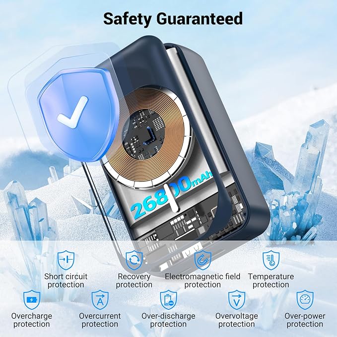 Magnetic Wireless Power Bank 26800mAh, PD 22.5W Type-C Fast Charging Portable Charger 5 Outputs, Battery Pack for Magsafe Built in Cables with Stand LED Display for iPhone 16/15/14/13/12 Series-Blue