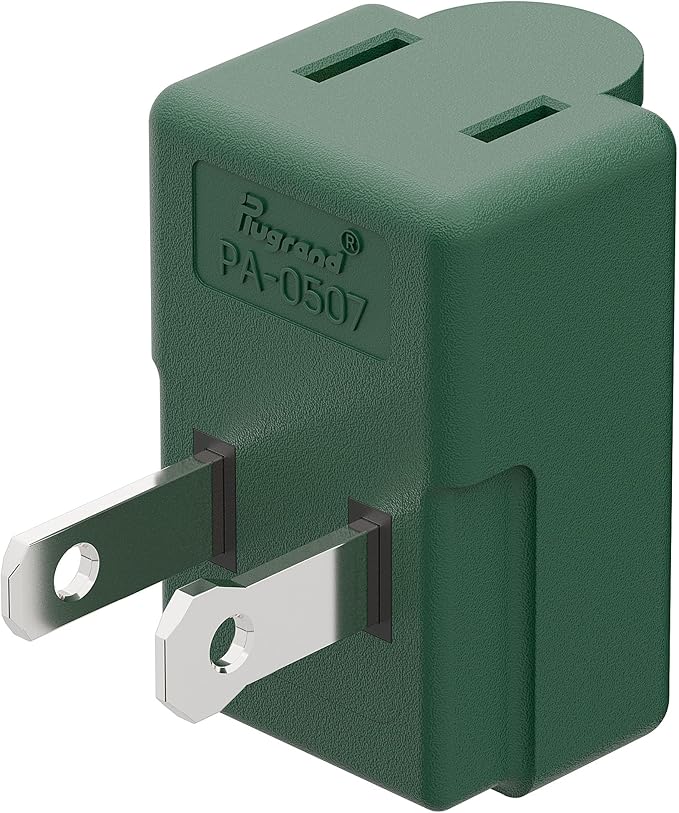 Right Angle Adapter,2-Prong 90 Degree Upward Angled AC Adapter, Polarized 2-Prong L Type Adapter, Vertical Right Angled Down Angle Power Adapter, PA-0507G Green Color