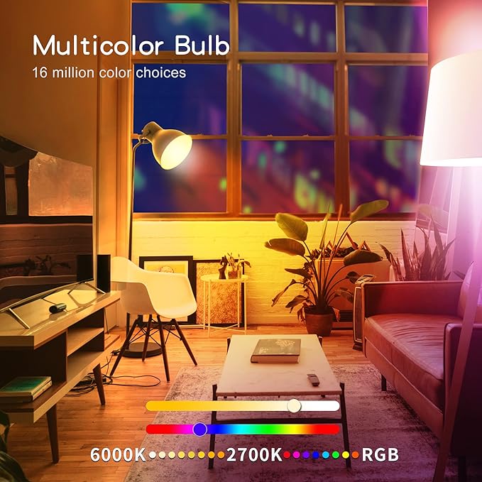 TJOY 6 Pack Smart LED Light Bulbs, Tuya APP, WiFi Bulbs Work with Alexa&Google Home, RGB Color Changing Light Bulb, Music Sync, A19 E26 Base, 9W(60W Equivalent),800LM, 2700-6500K(2.4Ghz Only)