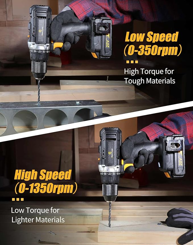 C P CHANTPOWER Cordless Drill 20V MAX Lithium-ion Drill Driver Set with Fast Charger, 1/2” (13 mm) Matal Chuck, 23+1 Clutch, Dual Speed for Drilling Wood, Metal, Canvas Bag, Flexible Shafts Included