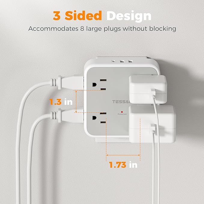 Multi Plug Outlet Extender, TESSAN Outlet Splitter with 8 Sockets and 3 USB (1 USB C), Wall Surge Protector with Power Switch, 3 Sided Multiple Wall Plug Extender for Home, Dorm Room, Office