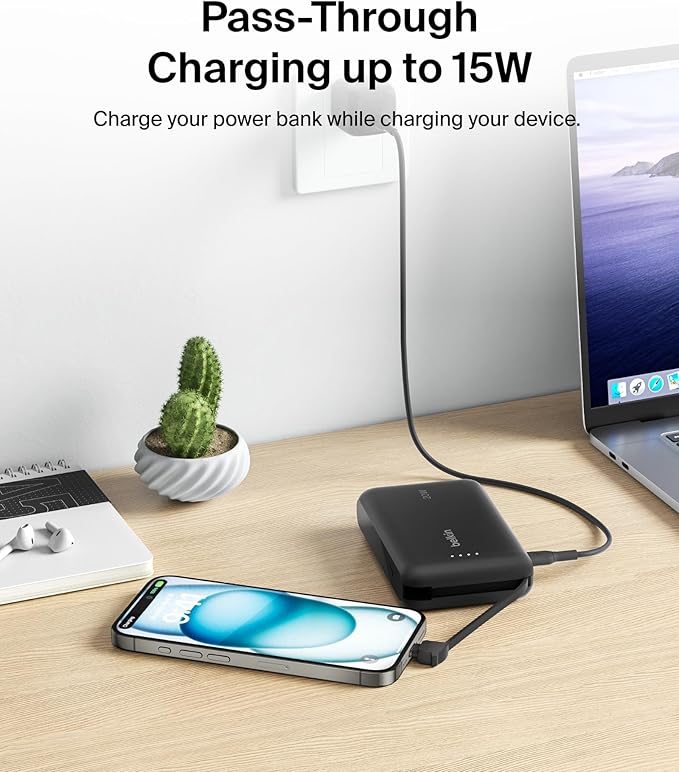 Belkin Portable Charger, Power Bank 10000 mAh with Integrated Cable - 20W Fast Charge USB-C Power Delivery, iPhone Charger - Apple iPhone 16 Series, iPad Pro, Samsung Galaxy S25, & More - Black