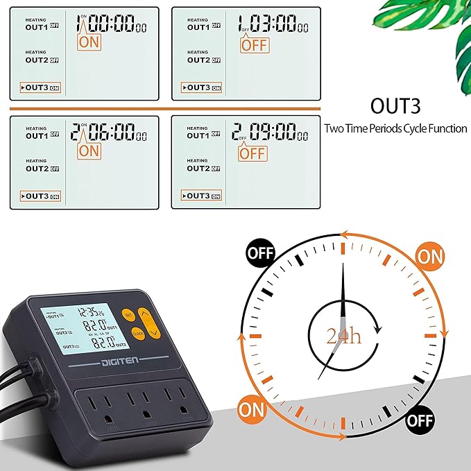 DIGITEN Reptile Temperature Controller with Timer Day-Night,3-Stage Outlet Thermostat Cooling Heating Mode Temperature Controlled for Ball Pythons,Mushroom,Fermentation,Bearded Dragon