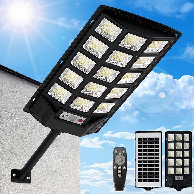 Solar Lights Outdoor,IP66 Waterproof Solar Street Lights with Motion Sensor & Remote,6500K Dusk to Dawn Street Lamps for Parking Lot/Yard/Garden