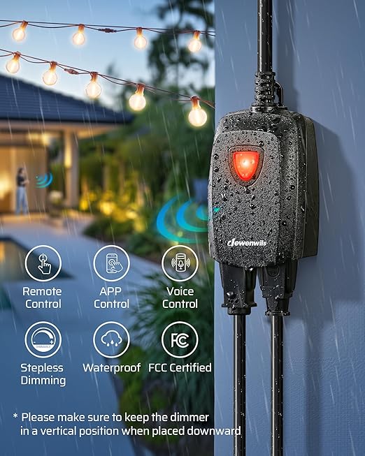 DEWENWILS Outdoor Dimmer for String Lights, Smart Dimmer Plug with Remote, Compatible with Alexa & Google Home, Waterproof, 100FT Range, Remote Dimming for Dimmable LED/Tungsten Bulbs, FCC Certified