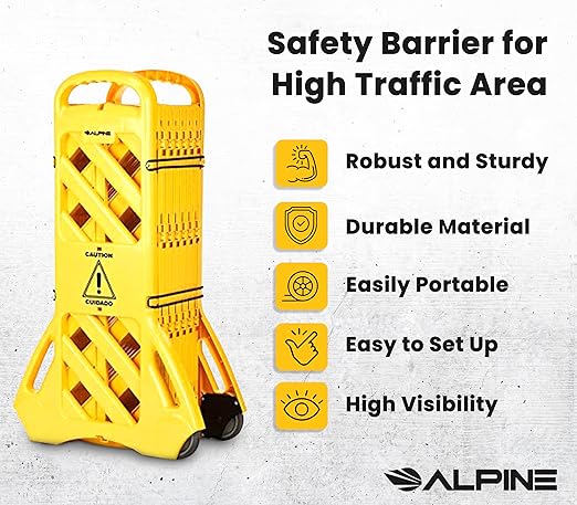 Alpine Commercial Safety Barriers, 13 Foot Expandable Mobile Barricade System - Folding Portable Barrier, Traffic Barricade Fence, Plastic Barricade for Construction, Traffic Control, Driveway Gate