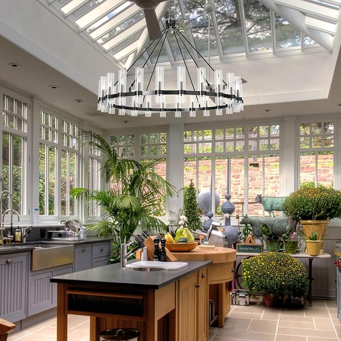 60 Inch Black Wagon Wheel Chandelier, 24 Lights with Glass Shades Light Fixtures, Large Modern Farmhouse Pendant Light for Dining Room, Living Room, Kitchen, Foyer, High Ceilings