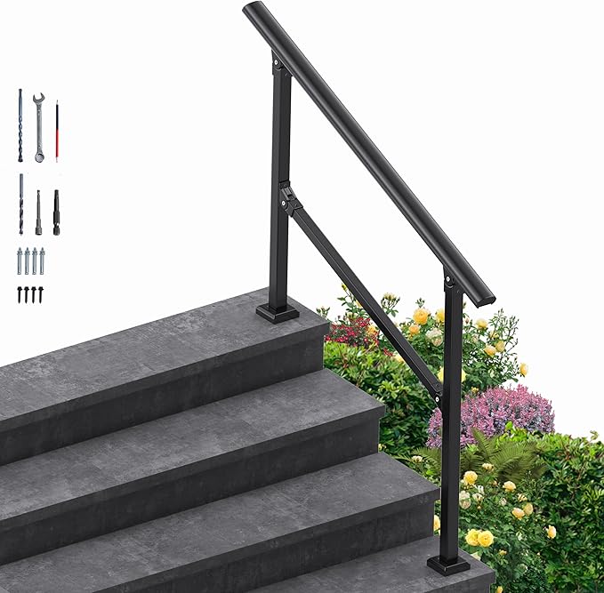 4 Steps Handrail for Outdoor Steps, Premium Aluminum Alloy Railing Set, Porch Railing Kit,Free Installation Kits Included, Used Under Harsh Weather Conditions,Rust Free for 3-4 Steps，Set of 1