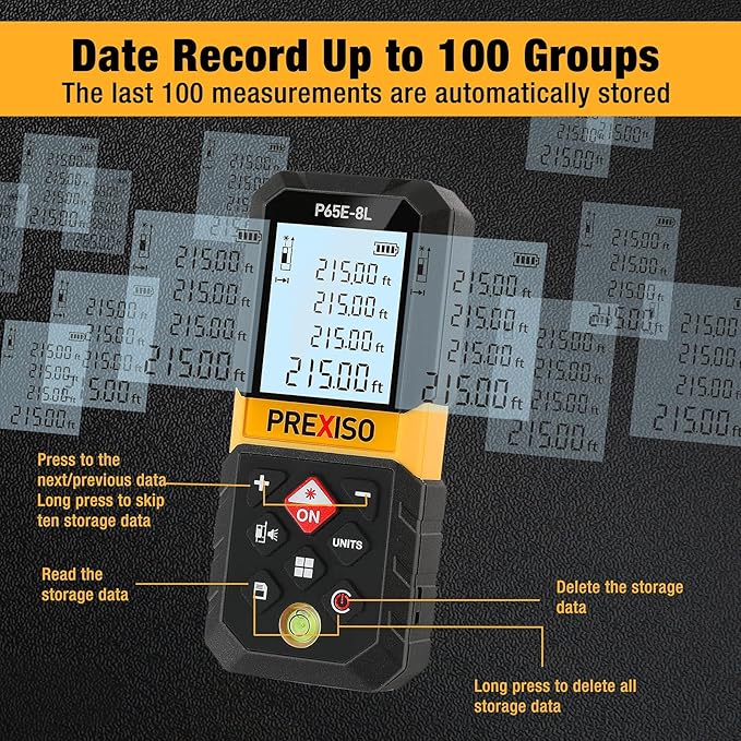 PREXISO Laser Measure, 215Ft Laser Measurement Tool with Entension for Diagonal Measuring Ft/Ft+in/in/M Units - Pythagorean Mode, Area Volume -100 Sets Data Storage, Medidor Laser Distance Meter