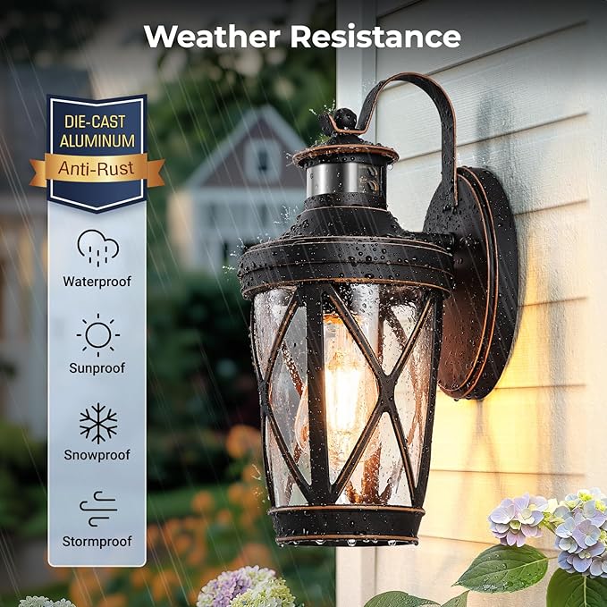 VIANIS Motion Sensor Outdoor Porch Lights Wall Mount, 2-Pack Modern Dusk to Dawn Exterior Lighting Fixtures, Oil Rubbed Bronze Gold Trim Wall Lanterns for Garage, Waterproof Coach Lights for House