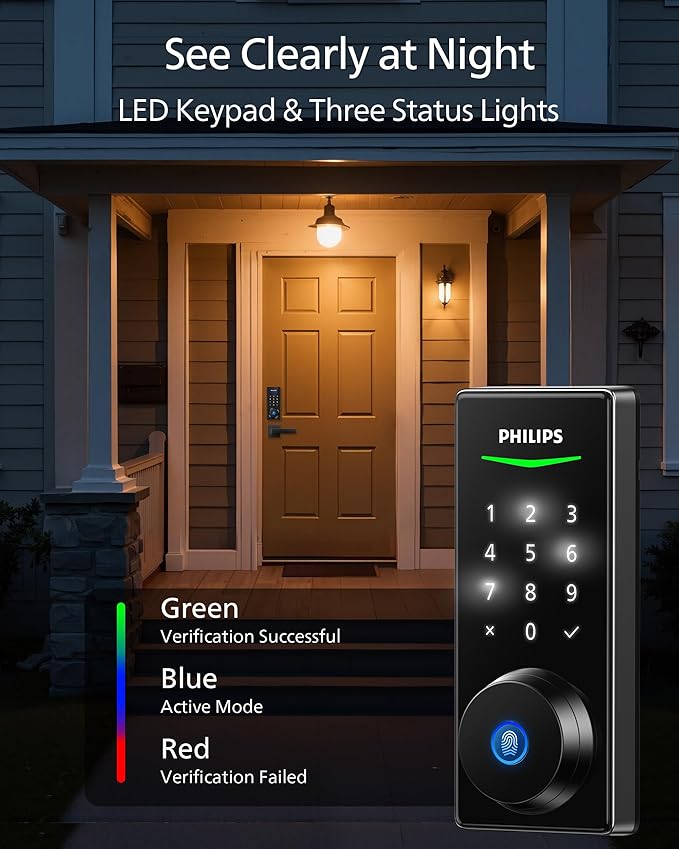 Philips Fingerprint Keyless Entry Door Lock, Electronic Door Lock with Touchscreen, Long-Lasting Battery, Auto Locking, One-Time Code, Keypad Deadbolt, One-Touch Locking, Matte Black