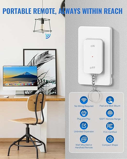 Remote Control Outlet, WILAWELS Wireless Light Switch with Magnetic Base, On Off Remote Outlet Switch for Light, Lamp, Home Appliance, 100ft RF Range, 15A/1875W, Pre-Programmed, FCC Listed W09RC1106