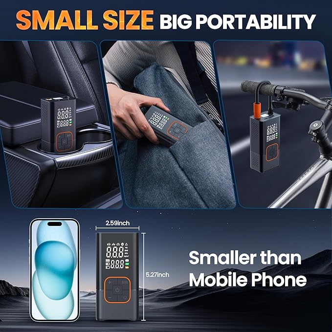 Tire Inflator Portable Air Compressor, 150PSI Bike Pump with Tire Pressure Gauge, LED Lights & Car Accessories, Cordless Air Pump for Car Tires, Bike, Motorcycle, Ball(Tangerine)